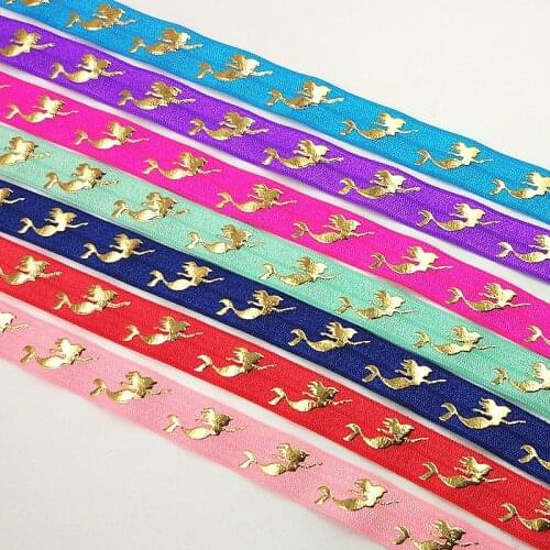 Q&N ribbon wholesale/OEM 5/8inch 16mm gold foil mermaid printed folded over elastic FOE 50yds/roll for hair tie