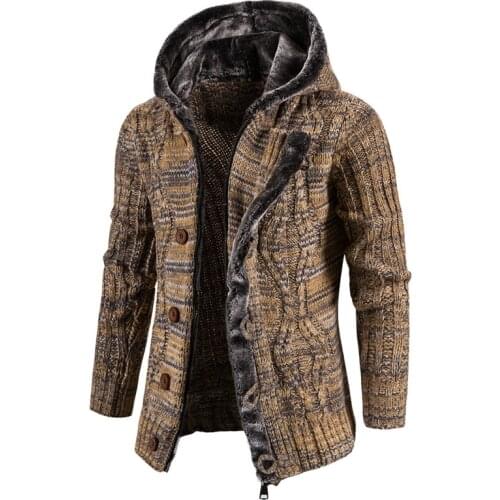 New Mens Knitted Sweater Hooded Jacket Long-Sleeved Overcoat Outerwear Tops Solid Color Zipper Button Warm Coat