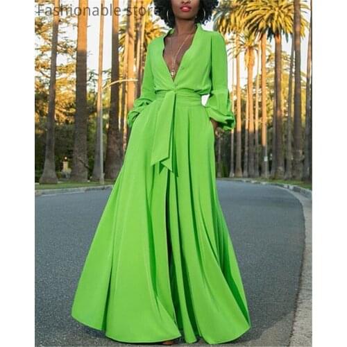 Oversize V-Neck Long Sleeve Single Breasted High Split Maxi Dress With Sashes