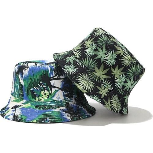 Men Women Summer Reversible Bucket Hat Weed Leaves Print Hip Hop Wide Brim Sunscreen Fisherman Cap