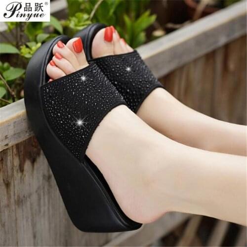 Shoes Woman Sexy Bling Wedges High Heel Round Toe Slippers Flip Flop Slides Women Home Slippers Women Shoes