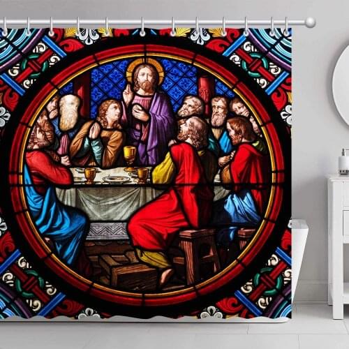 Jesus 3D Printing Waterproof Coated Polyester Fabric Bathroom with 12 Hooks