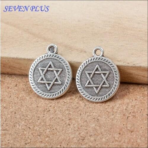 High Quality 10 Pieces/Lot 15mm*18mm Antique Silver Plated Round Disc Printed Star Of David Jewish Charms