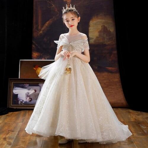 High-End Children Sequines Stitching Trailing Evening Gown Kids Catwalk Wedding Birthday Party Princess Dresses For Girl L1167