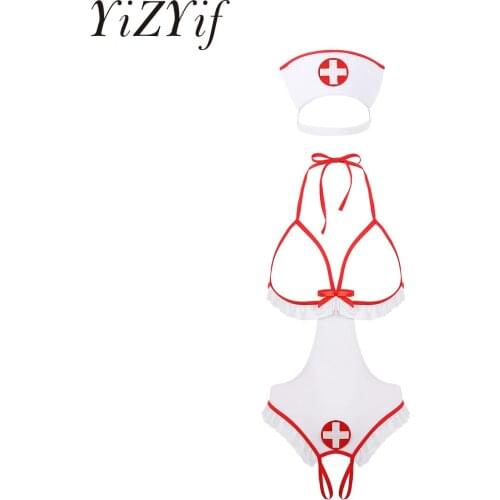 YiZYiF Womens Fantasy Nurse Cosplay Roleplay Lingerie Set Halter Neck Open Cups Crotchless Tie-on Leotard Bodysuit with Headband