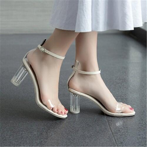 2021 PVC Sandals Fashion Women Heeled Peep Toe 7CM Perspex Heel High Heels Sandals Lady Nightclub Shoes Black Yellow Beige 34-39