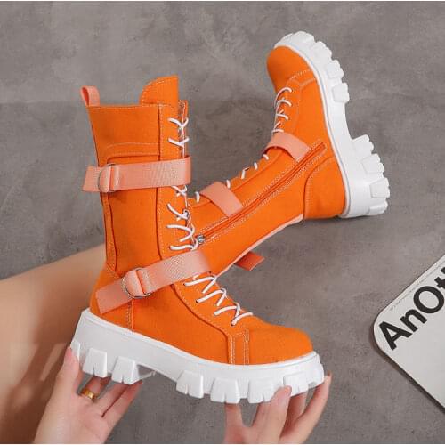 Womens Shoes 2021 New Spring Increase Platform Comfortable Boots Zipper Casual Mid-Calf Round Toe Flat With Boots Femmes Bottes