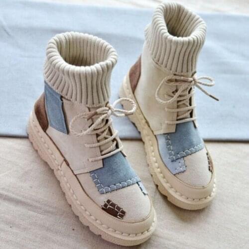 2020 New Boots Women Autumn and Winter Womens High Top Boots Velvet Warm Casual Sneakers Round Toe Lace-Up Student Flat Boots