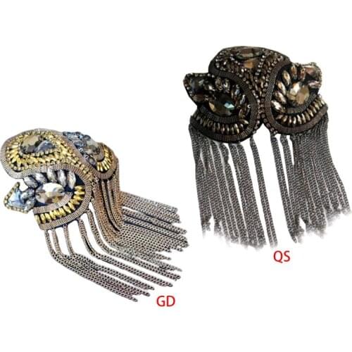 Women Kids Handmade Shoulder Badge Rhinestone Beaded Metal Tassels Epaulettes