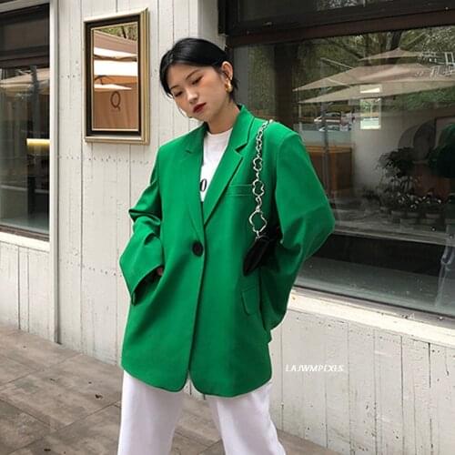 Spring Autumn 2021 Womens Blazer Fashion One Button Green Coat Design Siut Collar Large Size Casual Long Sleeve Suit