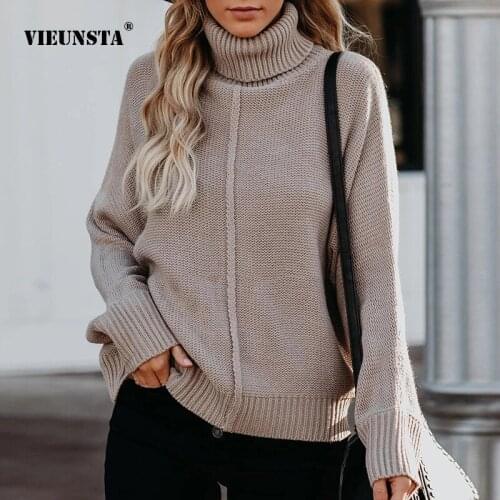 VIEUNST Womens Autumn Winter Sweater Elegant High Collar Long Sleeve Shirt Advanced Fashion Loose Knitting Pullover Street 2021