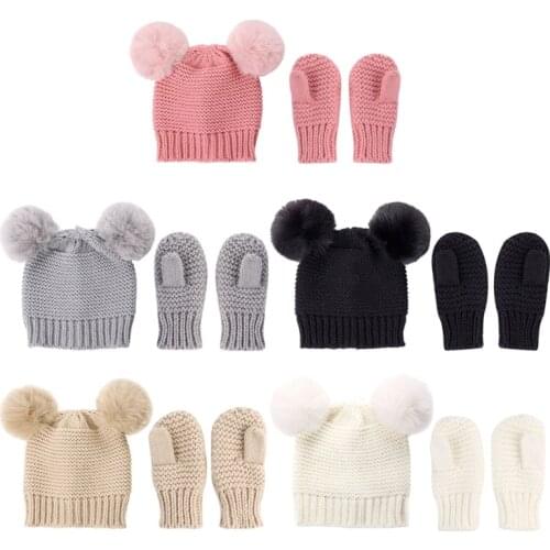 2020 Unisex Kids Girls Boys Baby Infant Winter Warm Crochet Knit Hat Beanie Cap+Mittens Solid Set Baby Gloves Accessories