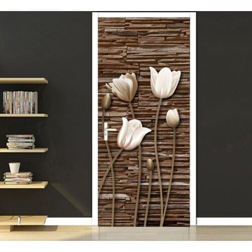 Retro 3D Stereoscopic Brick Flowers Photo Door Sticker PVC Self-adhesive Mural Wallpaper Waterproof Living Room Bedroom Decor