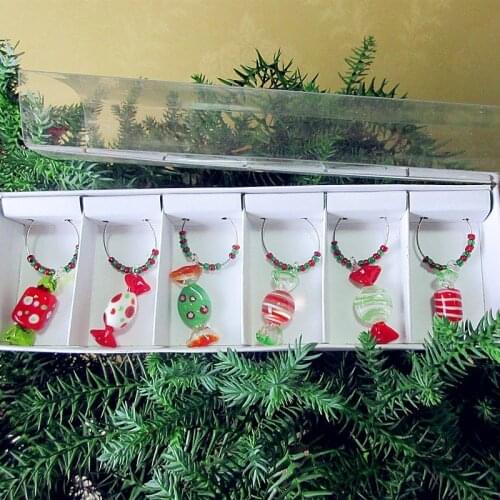 6pc Custom glass Christmas Candy Figurine rings pendant table Decoration ornament new year party Wine glass charms marker set