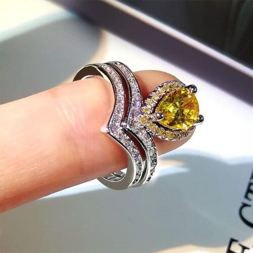 925 Sterling Silver V-Shape Yellow White Zircon Water Drop Ring For Women Anniversary Cocktail Party Jewelry Gift