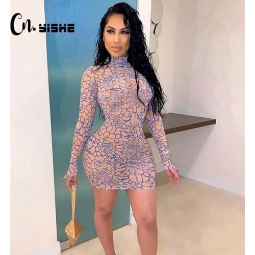 CNYISHE Sexy Sheer Mesh Pattern Print Mini Dresses For Women See Through Skinny Elastic Bodycon Party Club Casual Outfits Robes