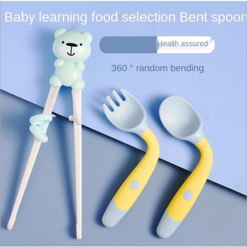 Baby Learn To Eat Training Spoon Fork Bendable Baby Elbow Fork Spoon Practice Chopsticks Childrens Tableware Set