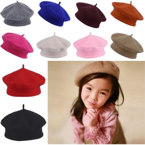 Baby Kids Girls Beret French Artist Warm Wool Winter Beanie Hat Retro Vintage Plain Beret Solid Color Elegant