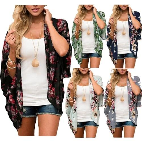 Women Beach dress Leaves Print Chiffon Bikini Cover Up Kaftan Beach Tunic Cardigan Shawl Outwear Beachwear Swimsuit Pareos Cape