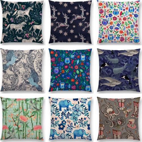 Hot Sale Beautiful Animals And Flowers Prints Elephants Owls Deers Unicorns Birds Patchwork Cushion Home Decor Sofa Throw Pillow