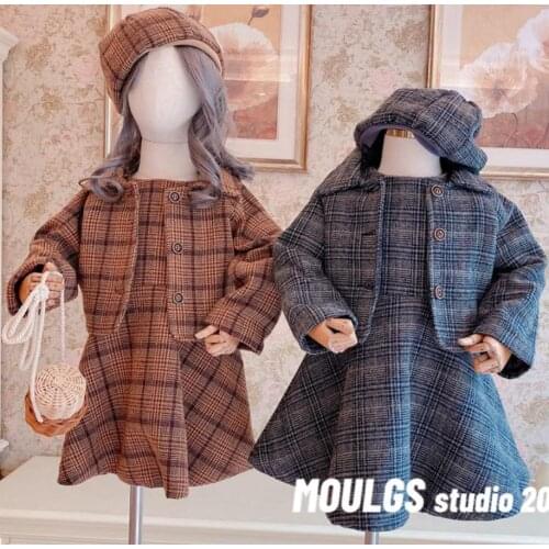 Baby Girls Set New Winter Fashion Woolen 3pcs Set Long Sleeve Coat + Tutu skirt + Hat Toddler Girls Sets Children Suit