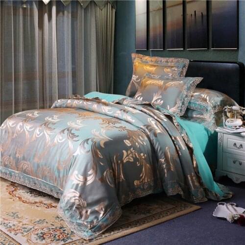 Lace Bedding Sets Golden Satin Jacquard Bed Set European Style Bedding Cyan-blue Bed Linen Double Bed Rounded Sheet Pillowcases