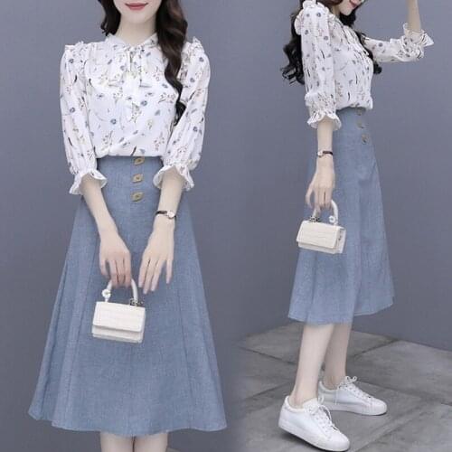 LLZACOOSH 2020 New Summer 2 Piece Set Womens Ruffles bow-knot Print shirt Blouse +High waist Solid A Line Skirt Suit