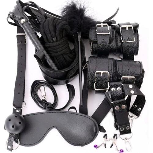 10 Pcs/set for Adults Sexy Bondage Set Handcuffs Nipple Clamps Gag Whip Rope Exotic Accessories For Couples