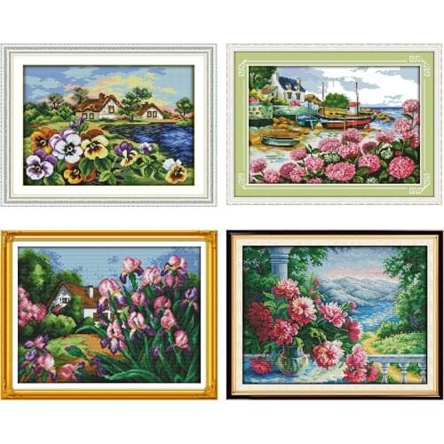 Cross Stitch Kits Joy Sunday Flowers Landscape Stamped DMC Print 11CT 14CT Counted Printing Craft Kit Embroidery Needlework Sets