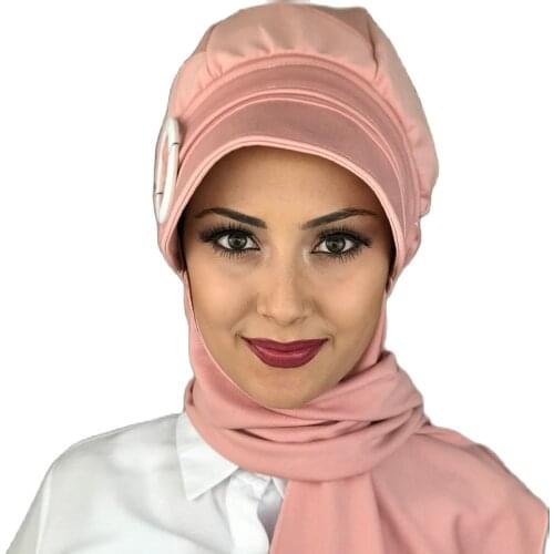 New Islamic Fashion Muslim Hijab Lady 2021 Trend Single Size Bathing Cap Beret Ready Shawl Scarf Buckle Powder Pink Horsehair Hijab hat