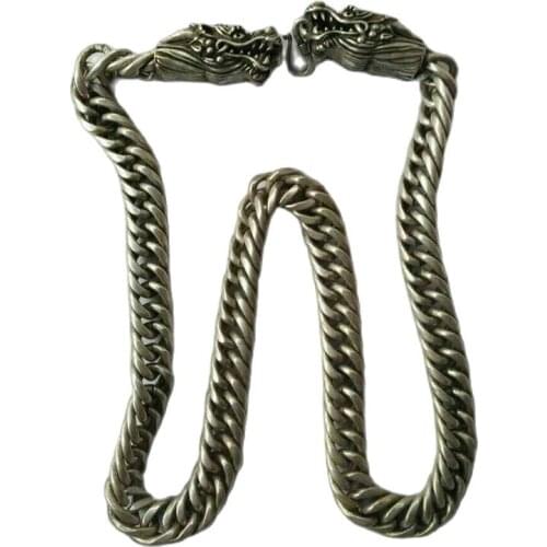 China Old National Style Tibet Silver Carve Mens Necklace Loong Head Necklace Old Objects 925 Silver Hand Ornaments Men