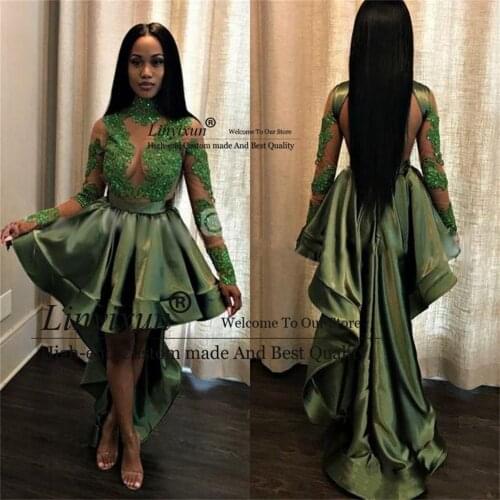 High Low African Prom Dress Cheap A Line High Neck Illusion Long Sleeves Lace Applique Sequins Ruched Homecoming Cocktail Dress
