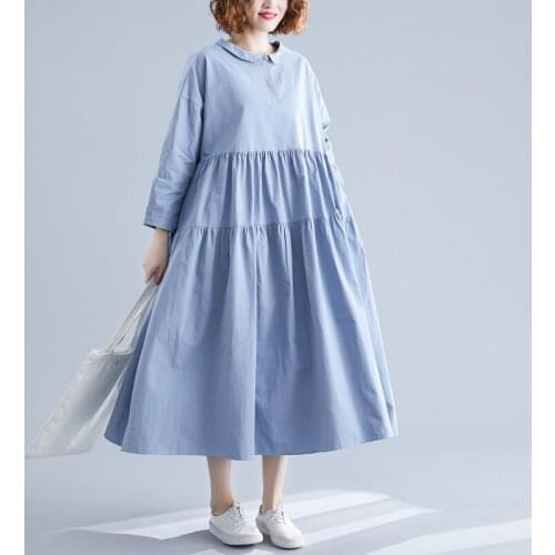 Plus Size Long Sleeve Doll Collar Dress Women Spring Autumn New Cotton Black blue Long A-Line Dresses Vintage Loose vestidos