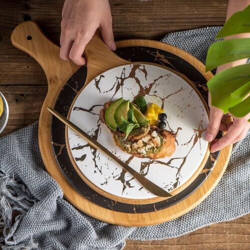 Restaurant Nordic Marble Light Luxury 10-Inch Steak Plate Creative Western Pizza Plate Matte Gold Pattern Ceramic Plate