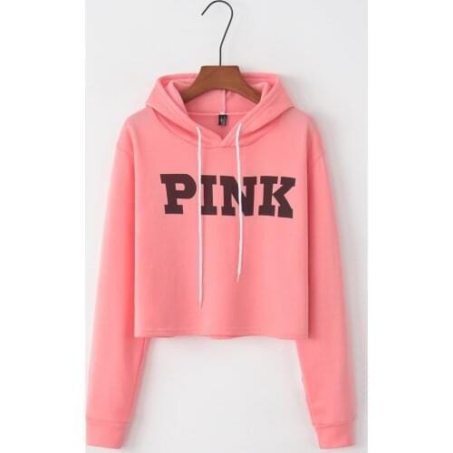 Pink Letters Printed Sports Yoga Shirt Hoodie Crop Top Long Sleeve Hooded Sportsuit Women Autumn Harajuku Top Sudaderas