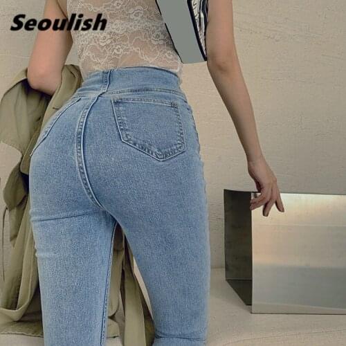 Vintage Single Breasted Womens Jeans High Waisted Stretch Skinny Denim Pants Retro Washed Slim Pencil Trousers Female 2021 New