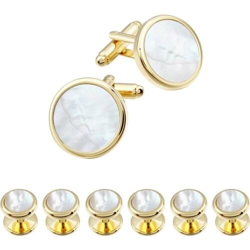 HAWSON Mother of Pearl Cufflinks and Studs Sets 6 Pieces Gold Color Studs for Tuxedo Luxury Gift for Party