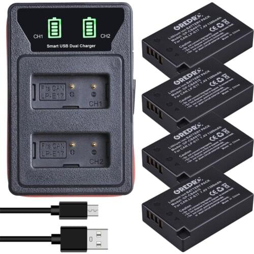 4 Pcs LPE17 LP E17 LP-E17 Battery + LED Dual USB Charger with type-C port for Canon EOS 200D M3 M5 M6 Rebel T6i T7i EOS 77D 750D