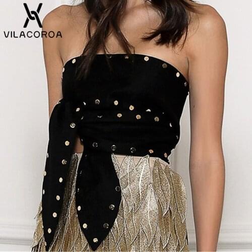 Strapless Sleeveless Womens Short Tank Tops Sexy Black Bandage Rivet Skinny Tube Tops Vest Female Backless Nightclub Partywear