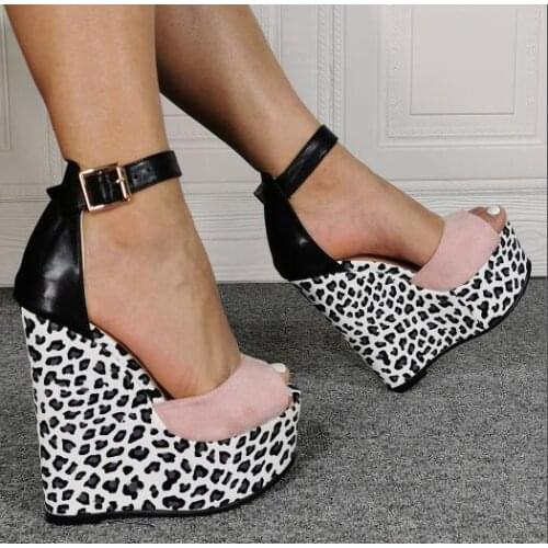 Linamong Summer Girls Cute Pink Black Patchwork Leopard Wedge Platform Sandals Cover Heel Peep Toe Buckle Strap Casual Sandals