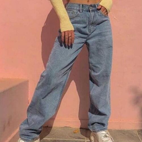 Women Jeans High Waist Hip Hop Style Handsome Ladies Solid Color Loose Jeans Blue Long Pants Casual Stylish Streetwear Trousers