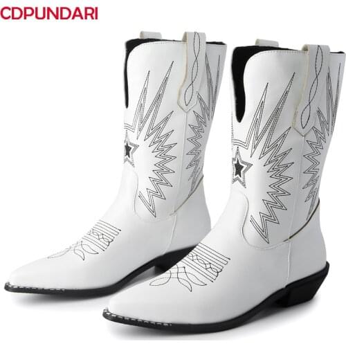 New Black White Embroidery Western Cowboy Boots For Women Punk Low Heels Ankle Cowgirl Short Boots Ladies Spring Autumn Shoes