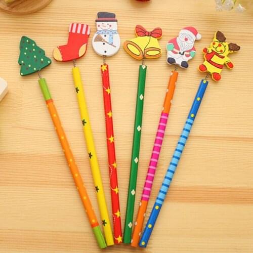 10pcs/lot Christmas Wooden Pencil Cute Cartoon Snowman Stocking Fawn Bell Painted Wood Pencil Gift For Office School Stationery