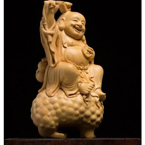 14CM sapo bolsa de la risa Buda mitología china tallado de boj hogar creativo grabado en madera artesanía sala de estar coche de