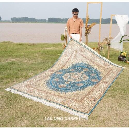 6'x9' Blue color hand knotted area rug handmade silk persian carpet (YL0984A)