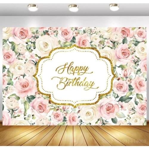 Floral Decoration Wall Happy Birthday Photography Background Rose Flowers Poster Women Celebration Photo Backdrops Photoshoot