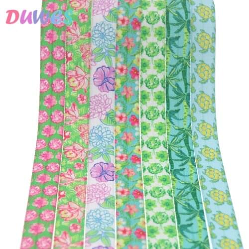 DUWES 5/8'' 50yards flowers leaf turtle printed Fold Elastic FOE stretch ribbon hairbow headwear headband DIY OEMD1171