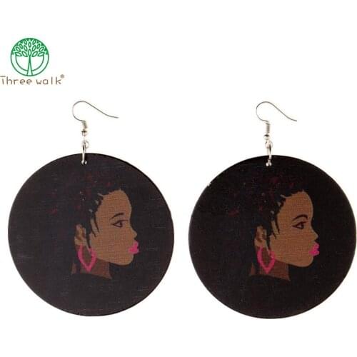 Fast ship Black Girl Round Wood Earrings Large For Party