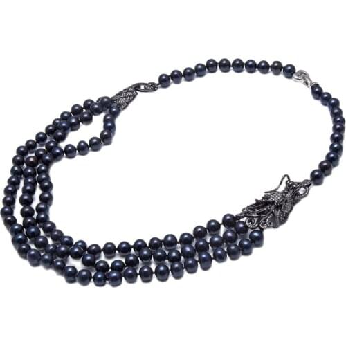 GG Jewelry 21" Natural 10MM Black Round Pearl Necklace Gunmetal Cz Pave Dragon Connector Handmade For Women