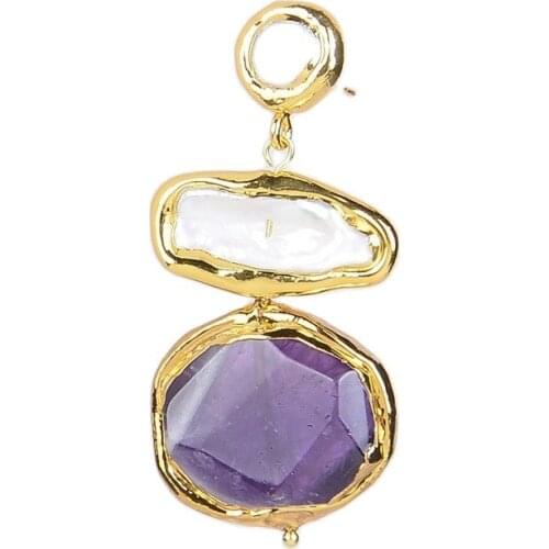 GG Jewelry Freshwater Natural White Biwa Keshi Pearl Amethysts Nugget Gold Color Plated Earrings Classic For Women